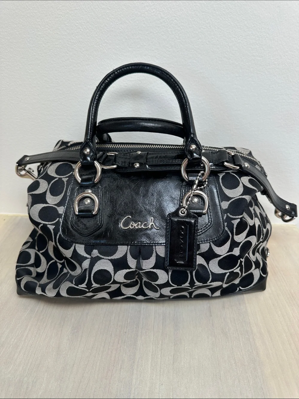 Coach Black & Gray Signature Satchel with Leather Trim